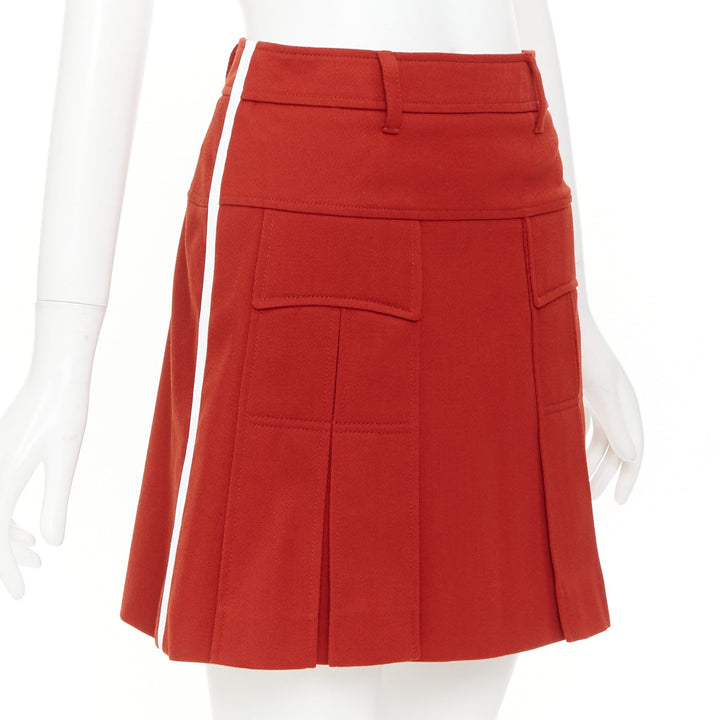 PRADA 2019 red virgin wool white trim utility pocket pleated mini skirt IT38 XS