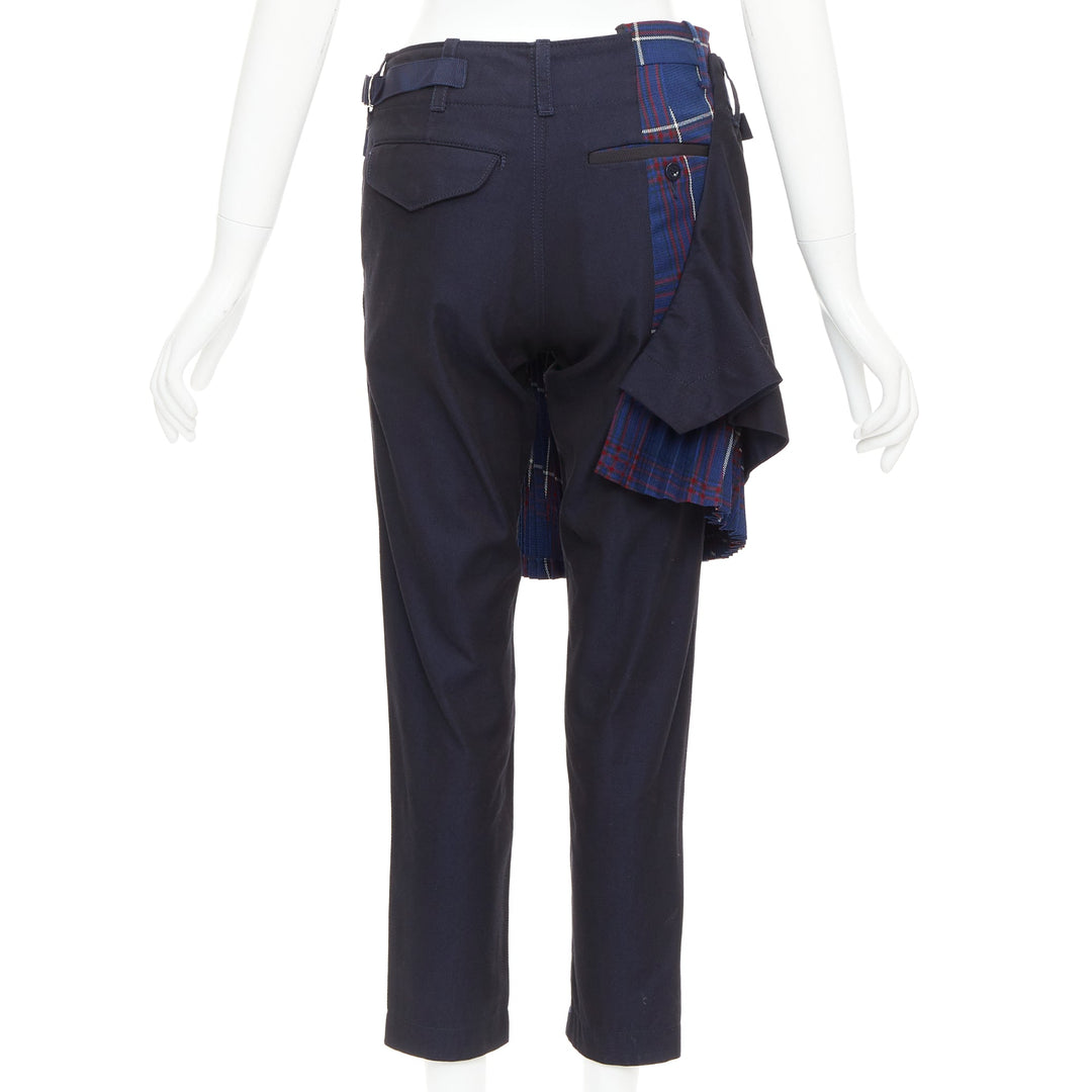 SACAI 2018 navy red cotton wool plaid kilt deconstructed cropped pants JP1 S