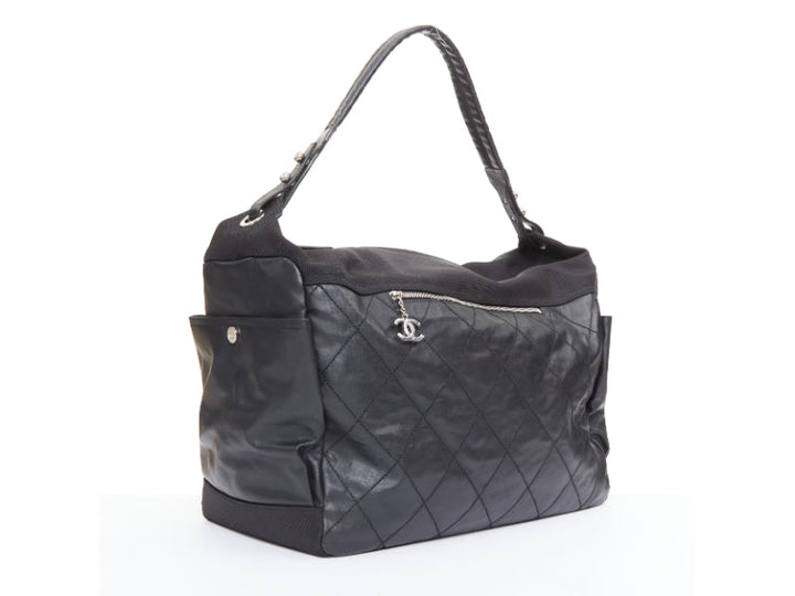 CHANEL XL Paris-Biarritz black coated canvas silver CC crossbody travel hobo bag