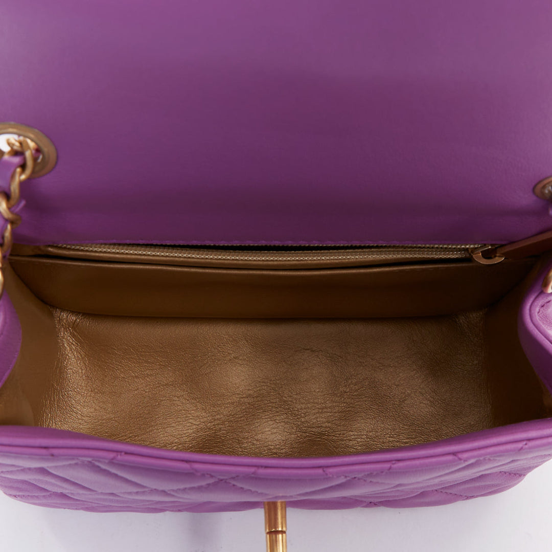 CHANEL Pearl Crush Mini Square Flap purple lambskin age gold globe crossbody bag