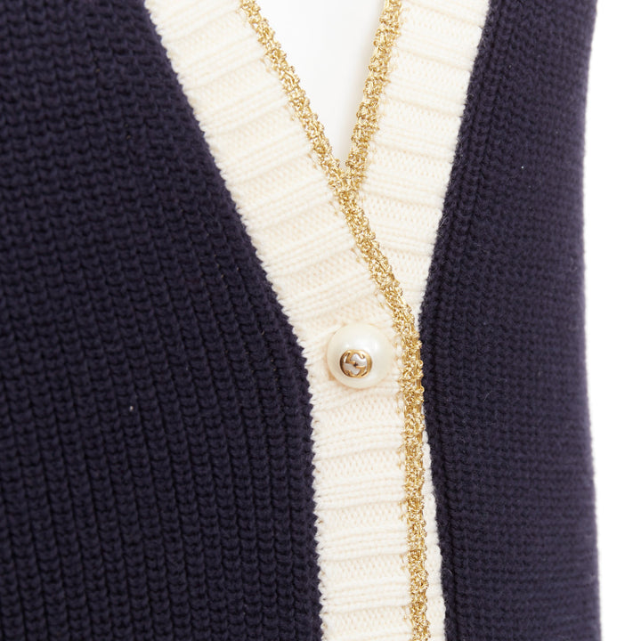 GUCCI Alessandro Michele navy cotton blend web pearl button cardigan XS