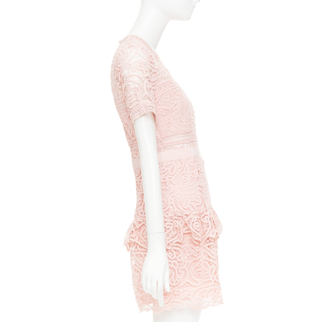 SELF PORTRAIT 2022 Abstract Guipure pink embellished lace sheer dress UK8 S