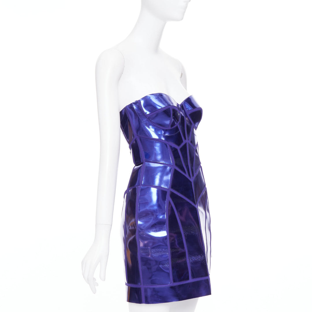 VERSACE 2010 Runway blue metallic silk leather corseted dress IT38 XS Katy Perry