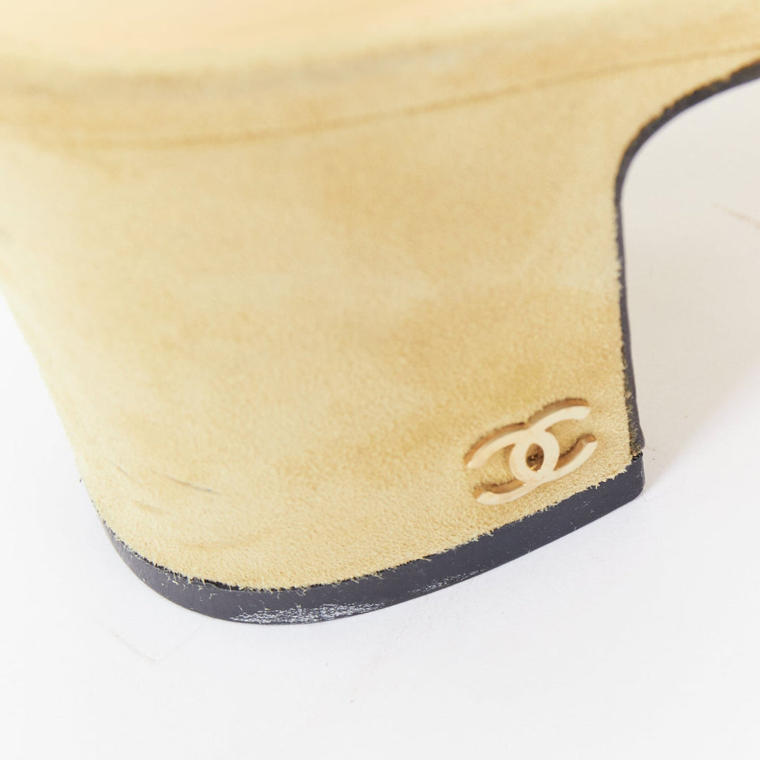 CHANEL Runway beige suede black grosgrain cap toe slip on slingback pumps EU38