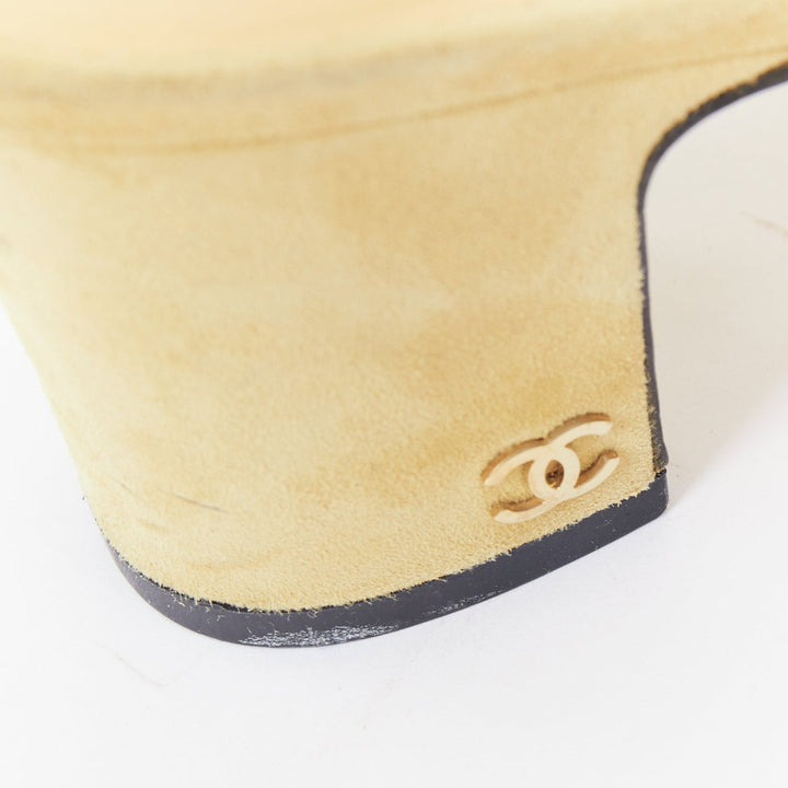 CHANEL Runway beige suede black grosgrain cap toe slip on slingback pumps EU38