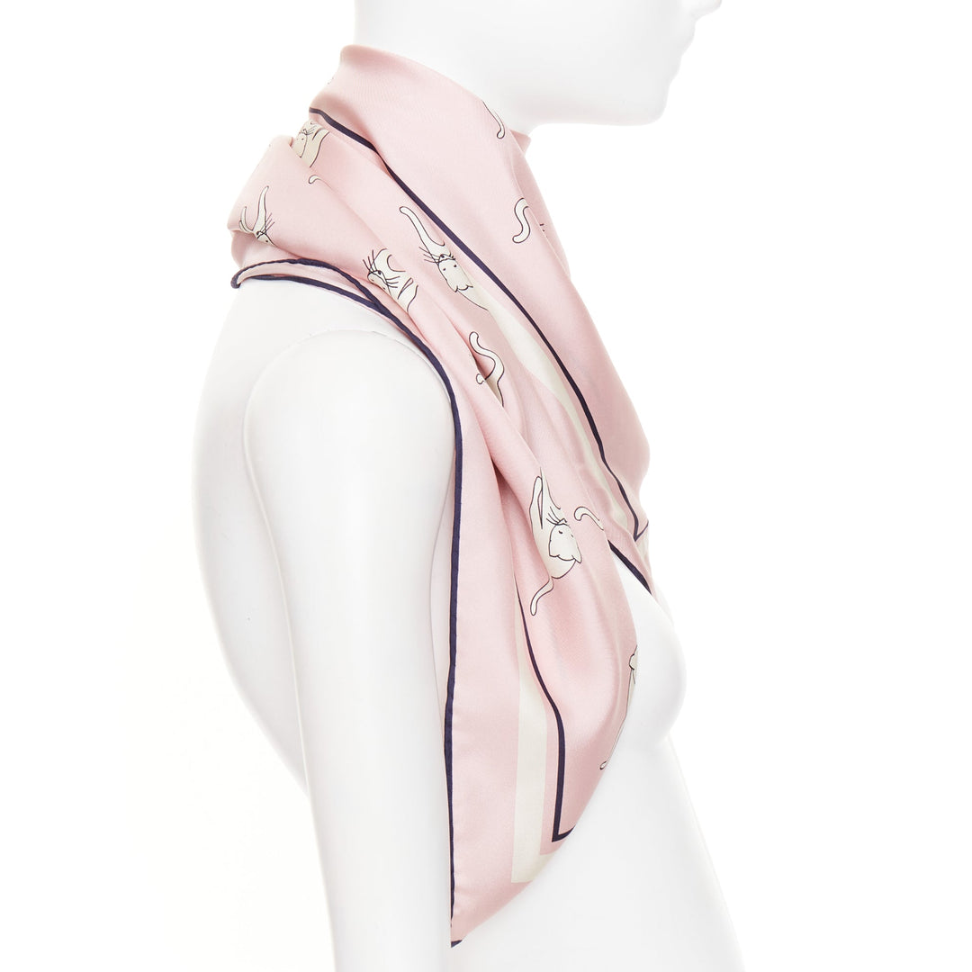 MIU MIU 2020 Whimsical Animal Cat Print silk twill light pink black  large scarf