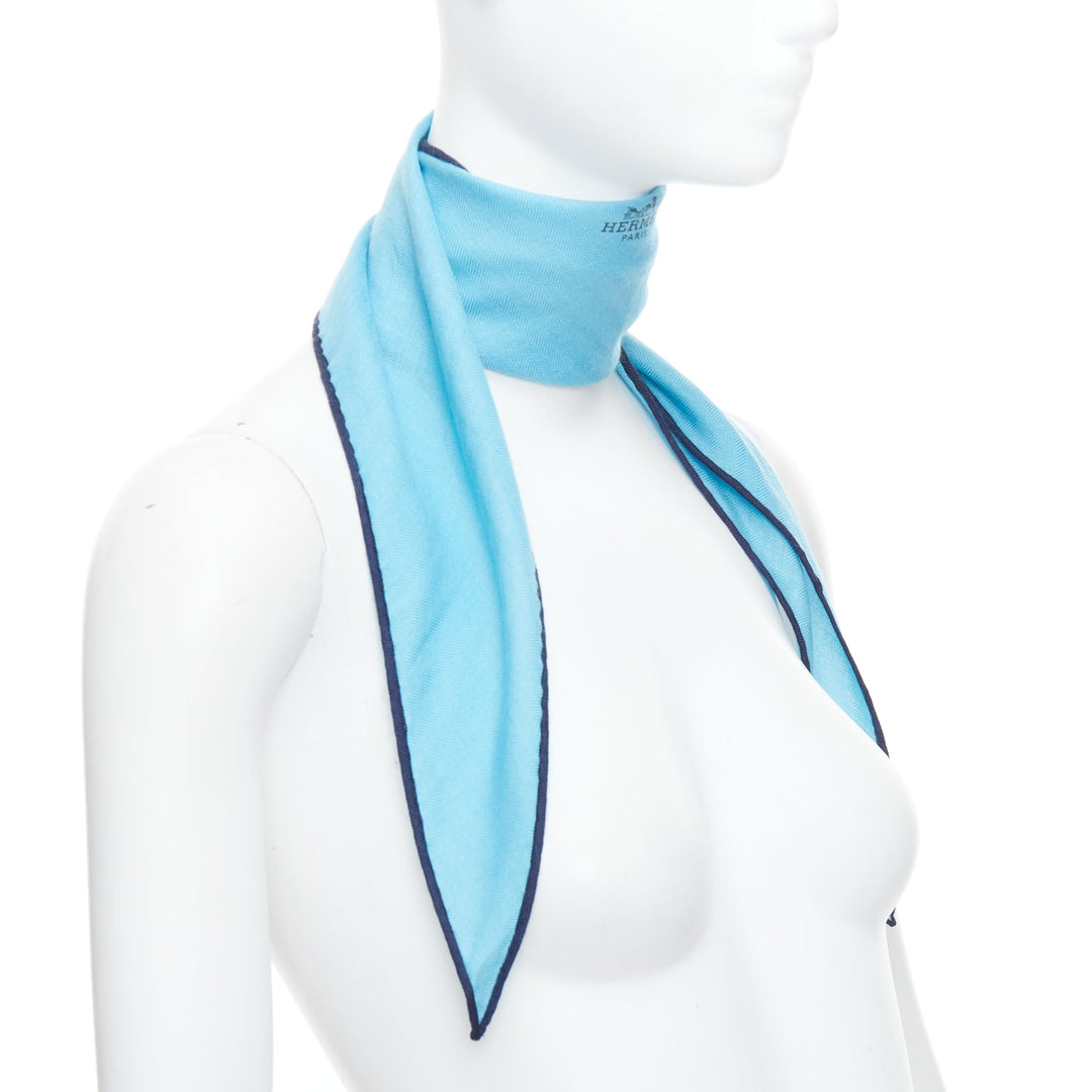 HERMES Losange sky blue cashmere silk navy edge logo print scarf