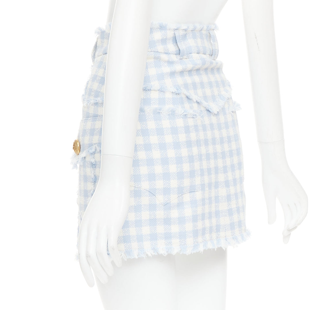 BALMAIN light blue white checked cotton tweed cargo pocket skirt FR34 XS