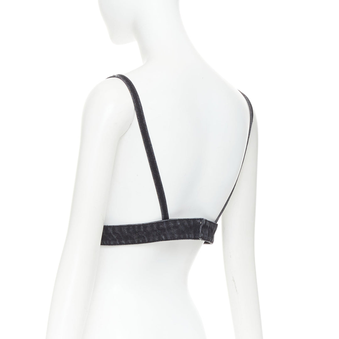 PRADA 2022 dark grey denim black triangle logo plaque bralette crop top IT40 S