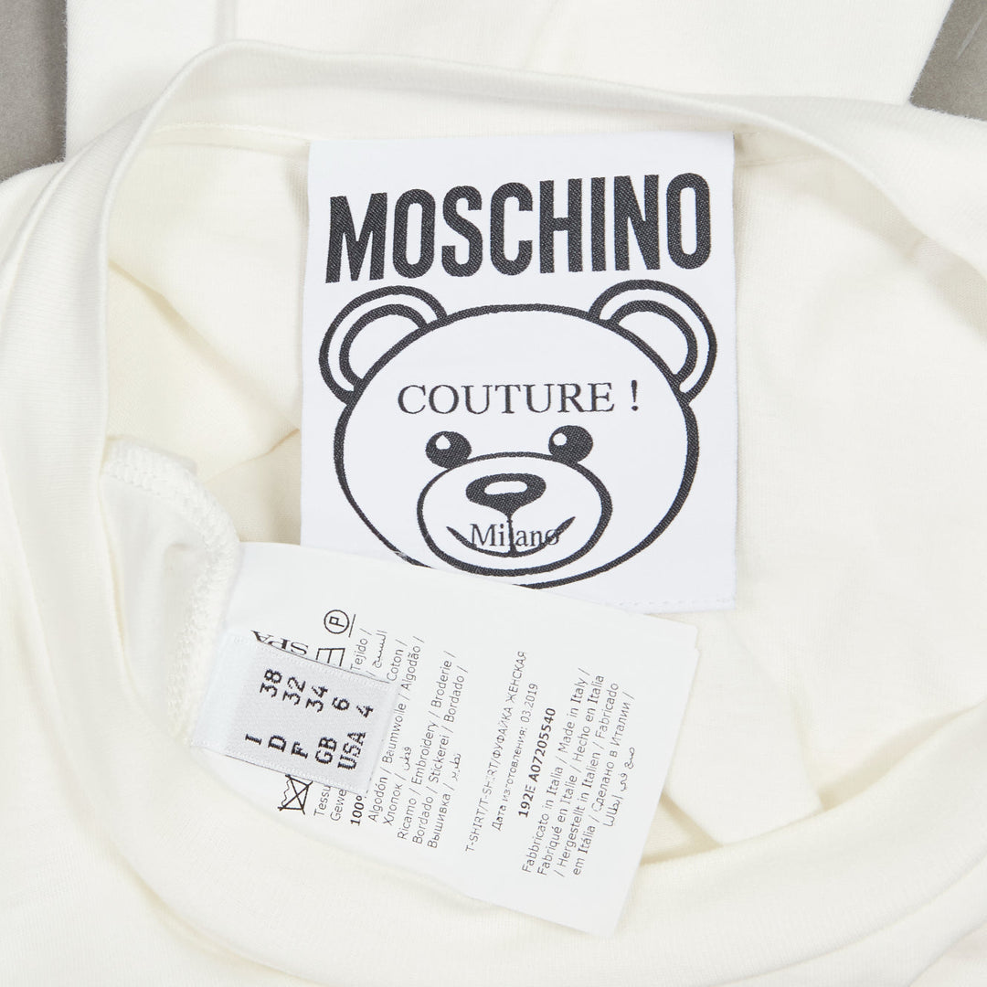 MOSCHINO white black brown beaded embroidery bear short sleeve tshirt IT38 XS