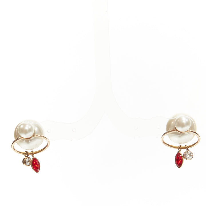 DIOR Tribale double pearl red clear crystal droplets hoop stud earrings pair