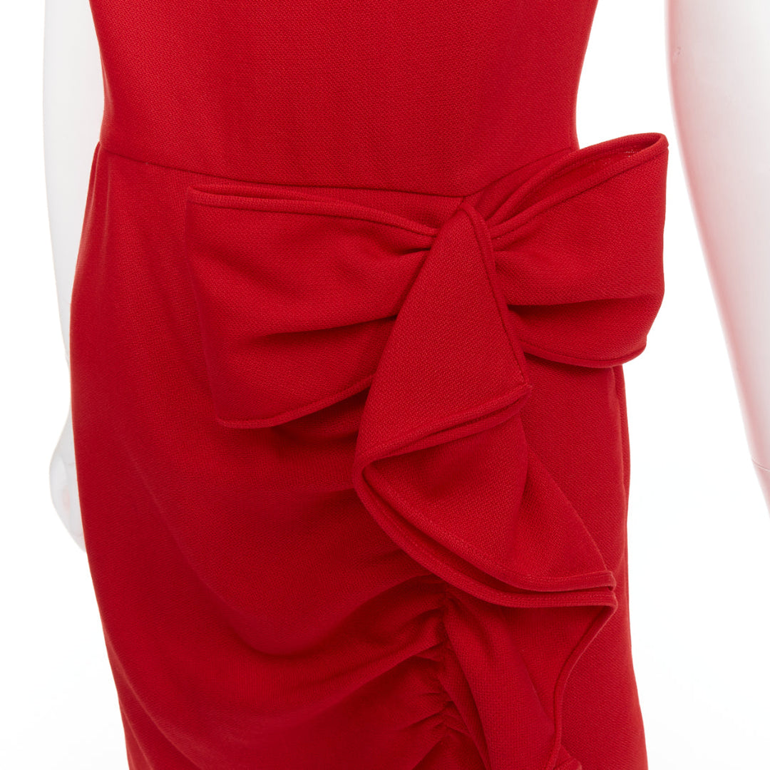 VALENTINO red silk ribbon bow ruffle drape cap sleeves dress US6 M