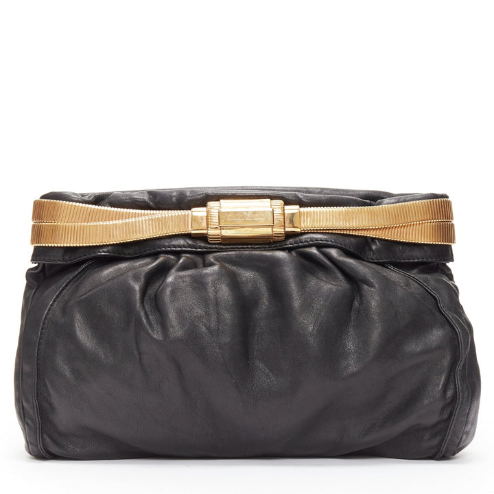 JIMMY CHOO black soft leather gold chain logo zip oversized clutch bag