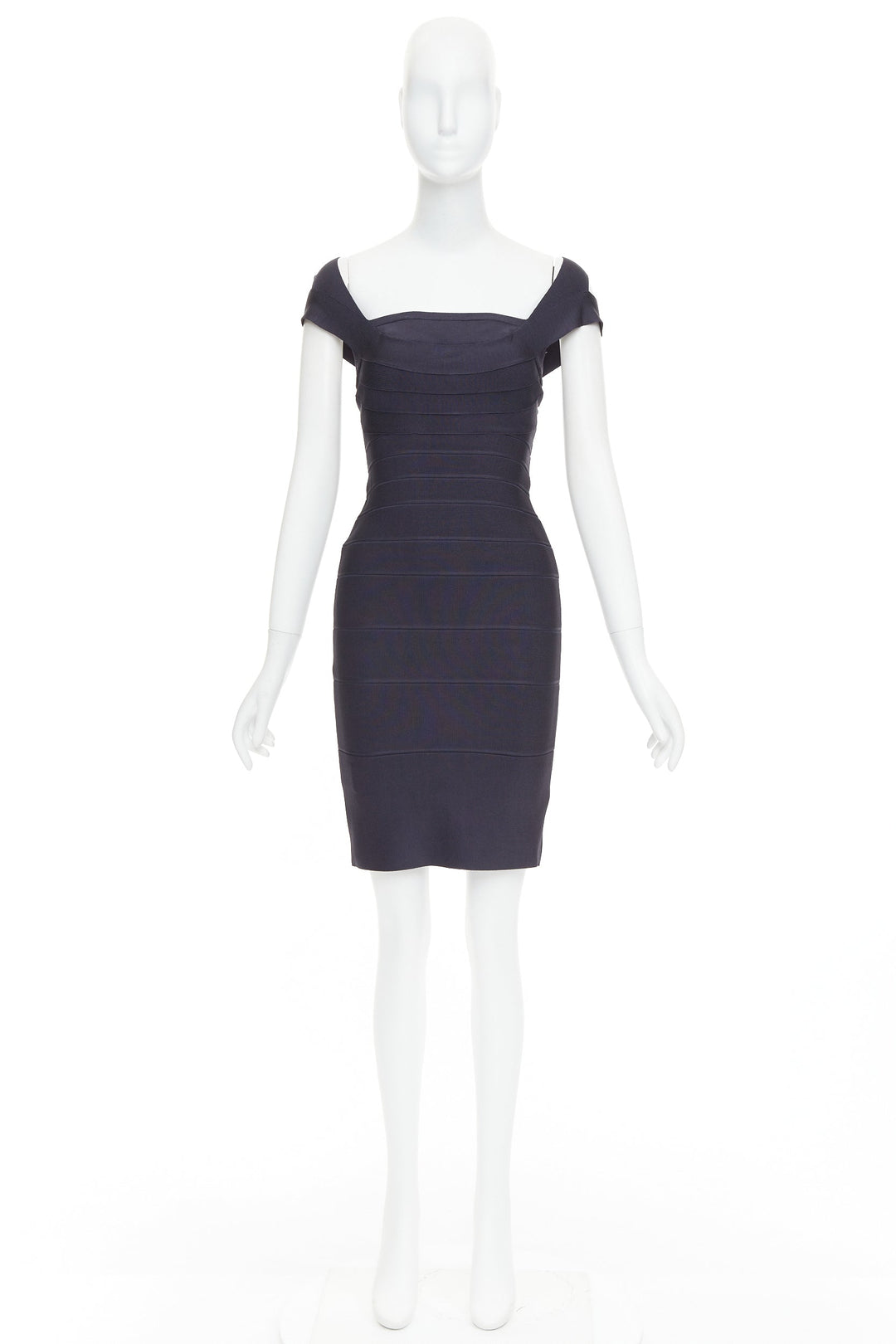 HERVE LEGER dark blue square neck bodycon bandage dress XXS