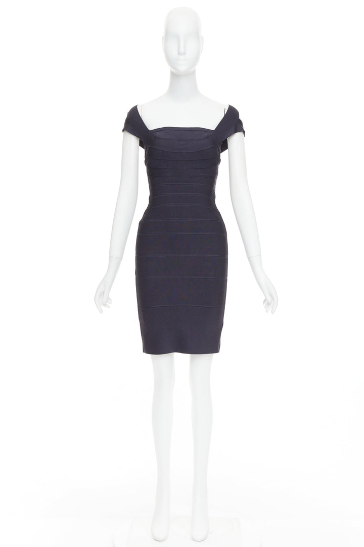 HERVE LEGER dark blue square neck bodycon bandage dress XXS