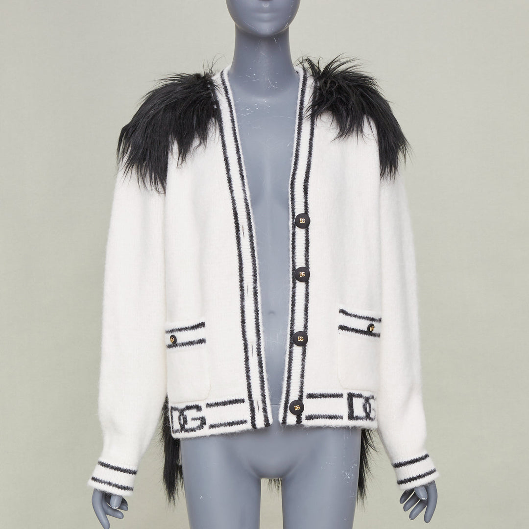 DOLCE GABBANA 2021 Runway faux fur panel logo alpaca knitwear cardigan IT38 XS
