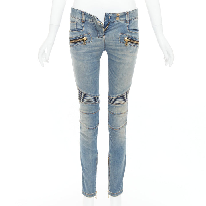 BALMAIN blue faded washed ribbed denim moto biker jeans FR36 S