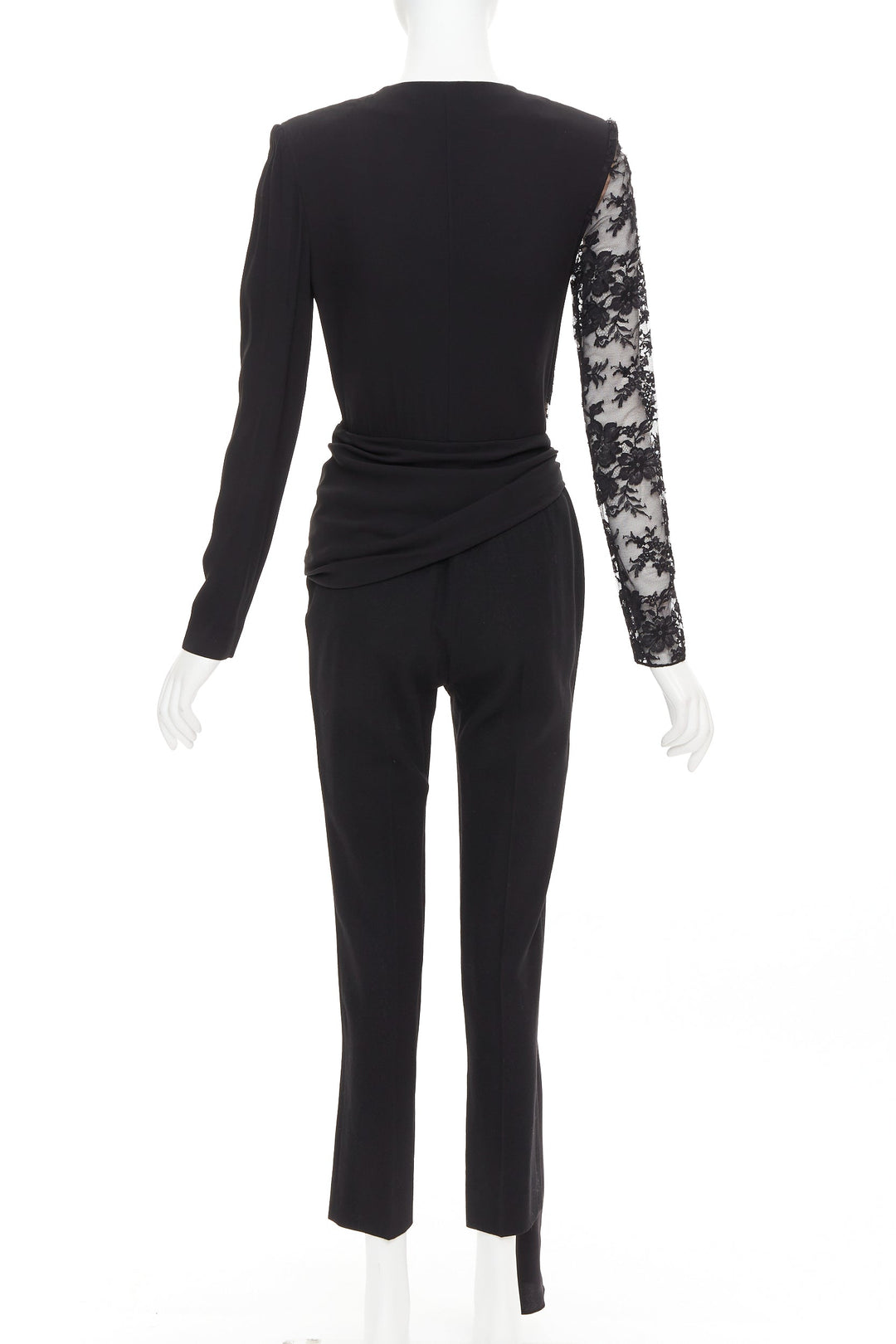 GIVENCHY black silk cotton blend intricate lace trim wrap jumpsuit FR36 S