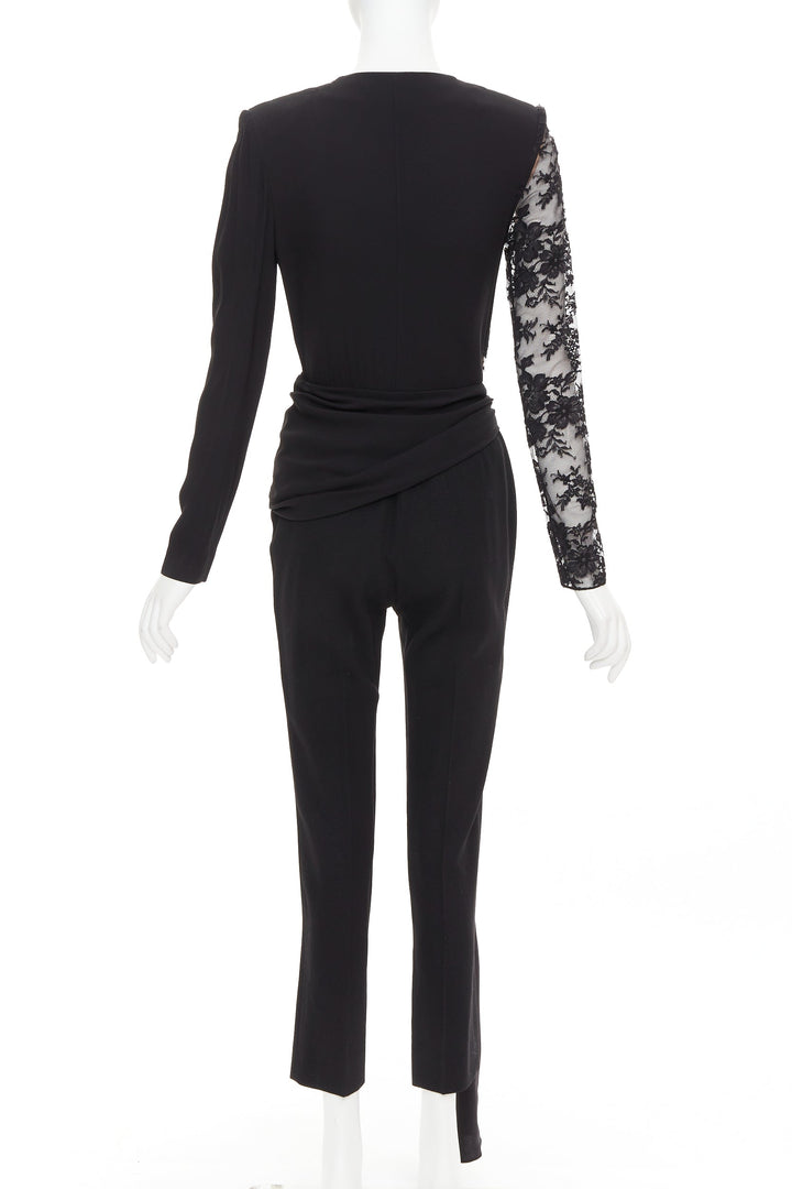 GIVENCHY black silk cotton blend intricate lace trim wrap jumpsuit FR36 S