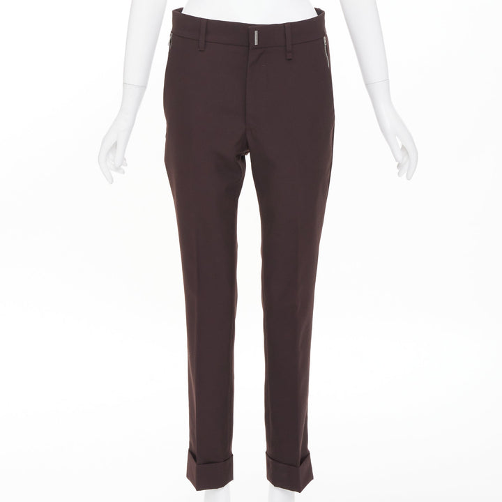 GIVENCHY brown wool blend silver zipper pockets cropped cuffed pants FR46 S