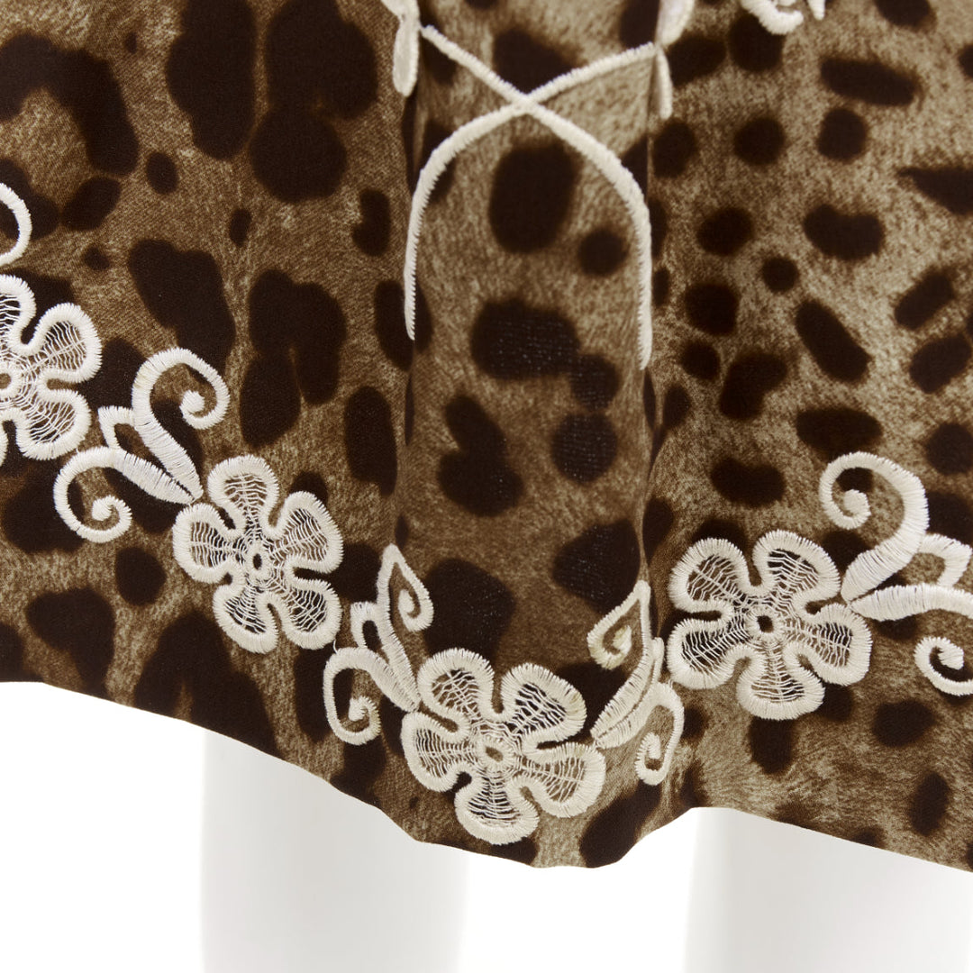 DOLCE GABBANA brown silk leopard print cream anglais embroidery skirt IT40 S