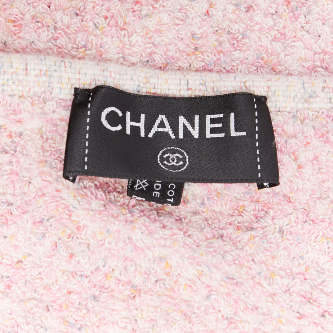 CHANEL Vintage Cruise pink cotton boucle white CC logo fringe trim beach towel