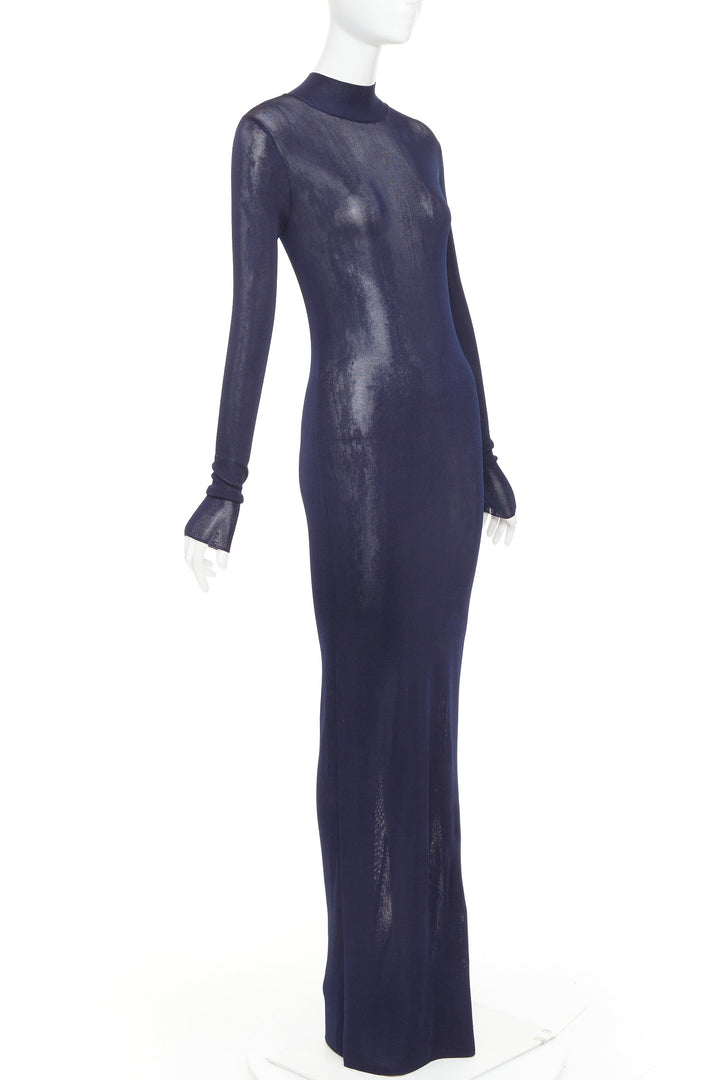 SAINT LAURENT 2023 Runway navy blue fine viscose mesh turtleneck sheer dress S