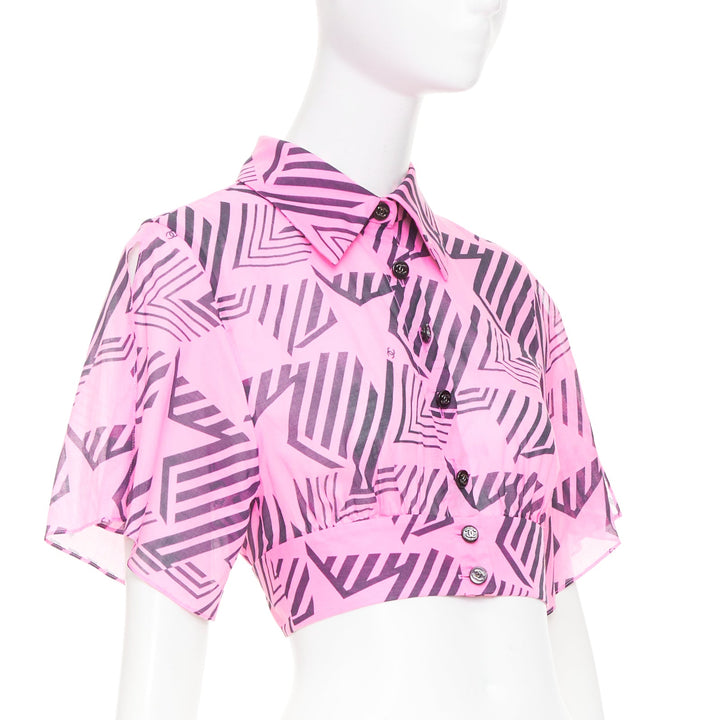 CHANEL 2023 Coco Beach pink cc geometric star graphic button crop shirt FR34
