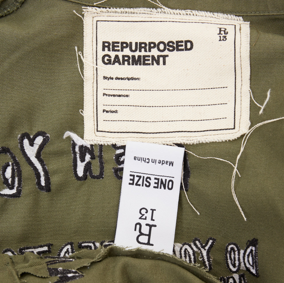R13 2019 Repurposed Embroidered Surplus Fringe olive military shirt OS