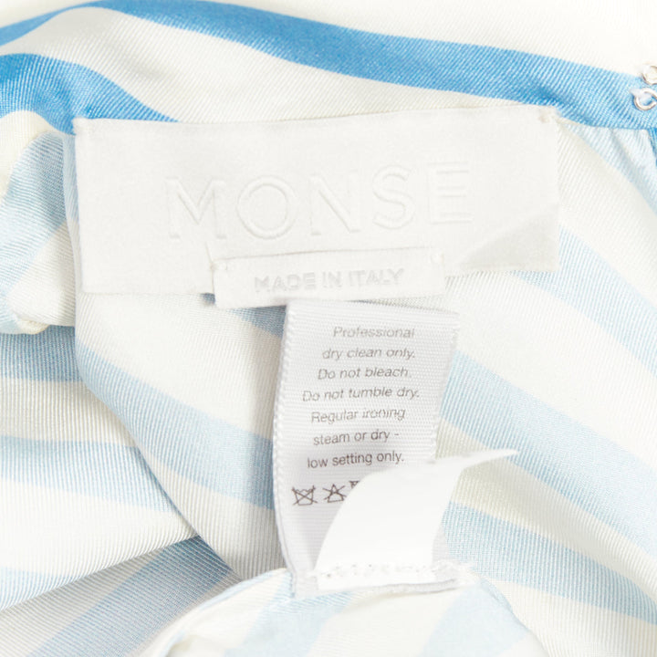 MONSE silk twill blue cream bias cut striped puff sleeve blouse US2 S