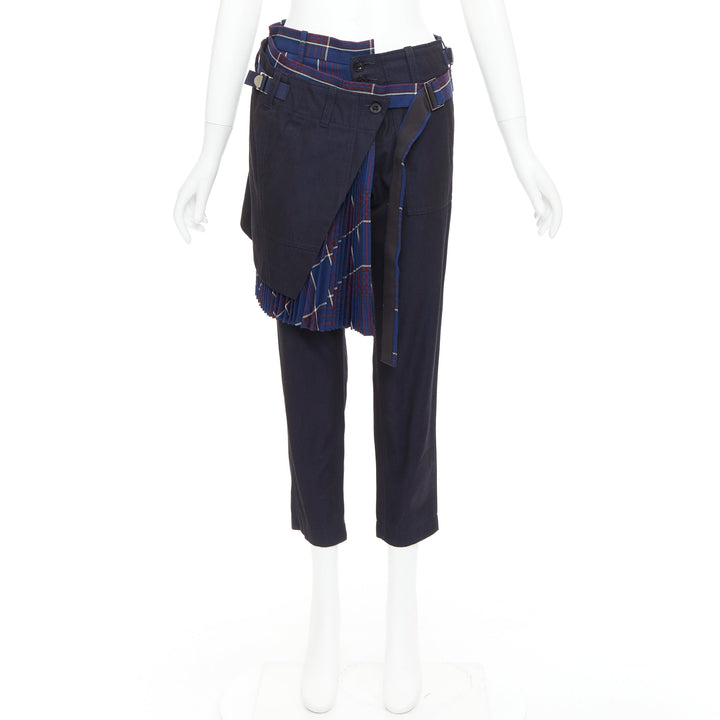 SACAI 2018 navy red cotton wool plaid kilt deconstructed cropped pants JP1 S