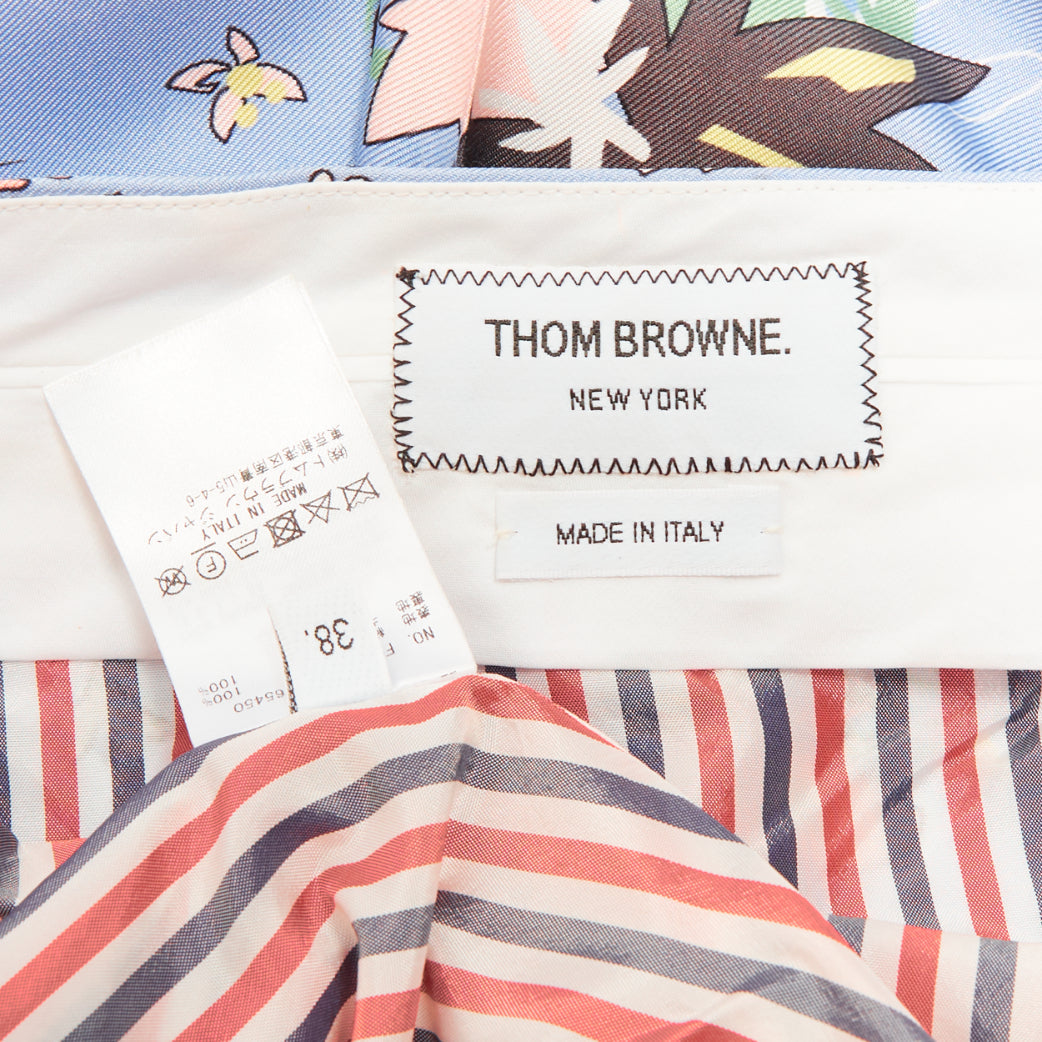 THOM BROWNE blue cartoon beach island pleated side slit raw silk skirt IT38 XS