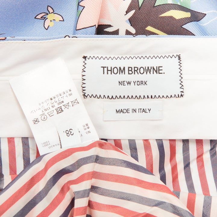 THOM BROWNE blue cartoon beach island pleated side slit raw silk skirt IT38 XS