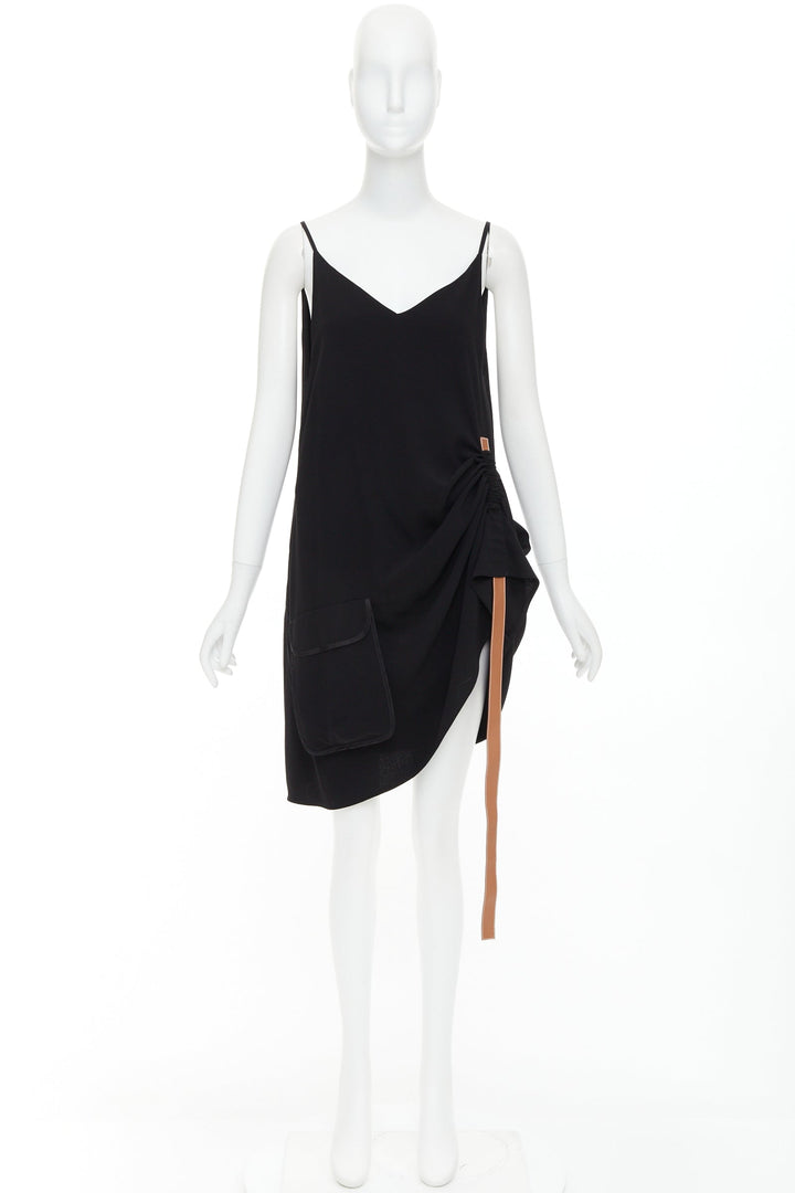 LOEWE black crepe brown anagram leather gathered side dress XS