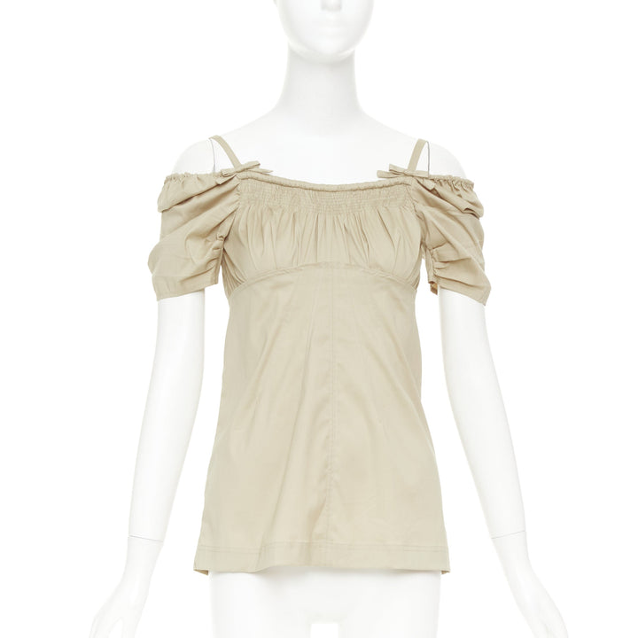 PRADA Vintage khaki cotton ruched bust empire waist bow off shoulder top IT38