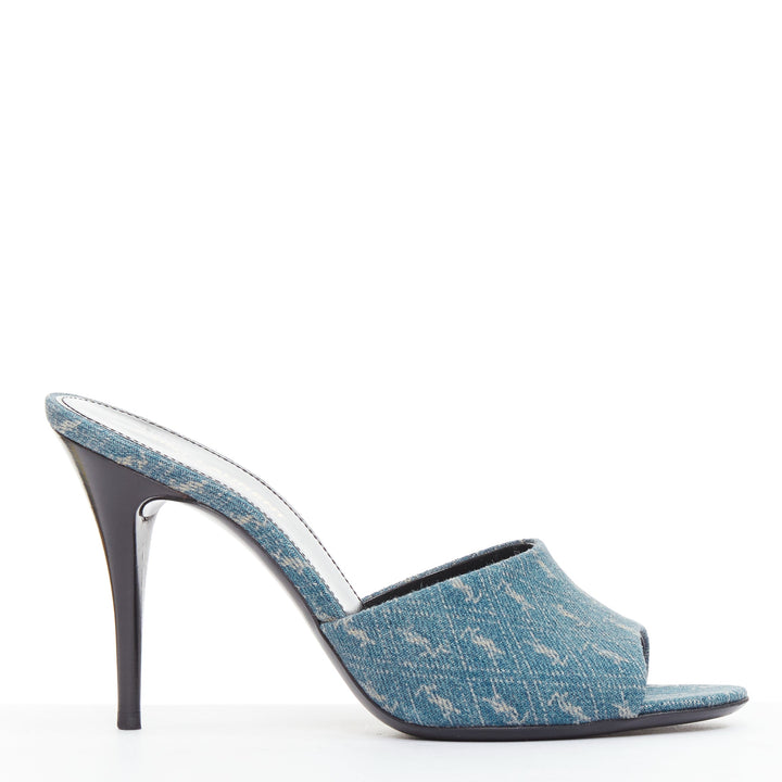 SAINT LAURENT La 16 Mules Cassandre Denim blue YSL monogram sandal heels EU37.5