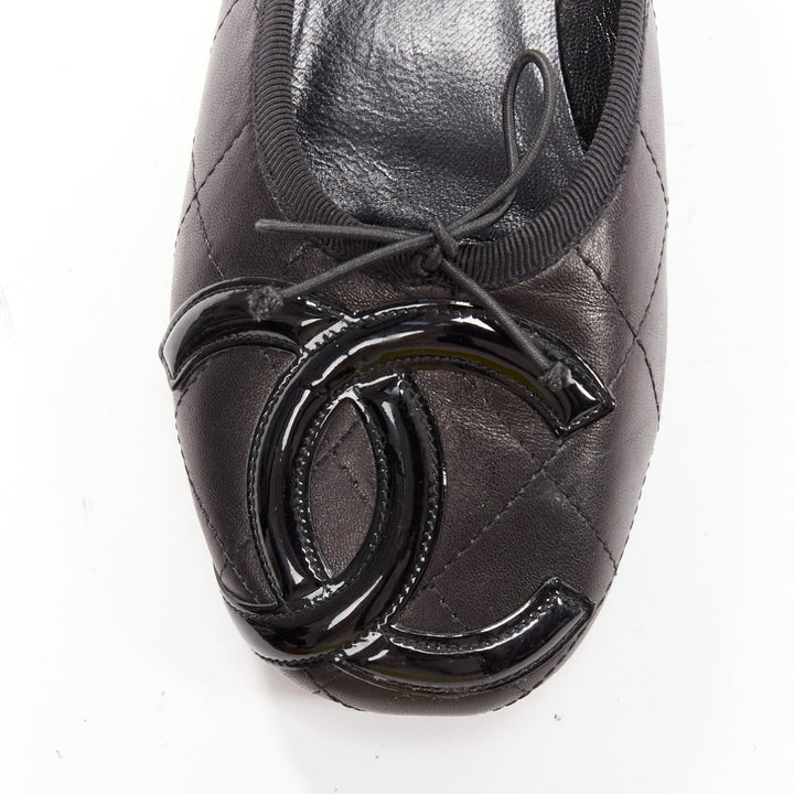 CHANEL Cambon black CC logo quilted bow front ballerina flats EU35