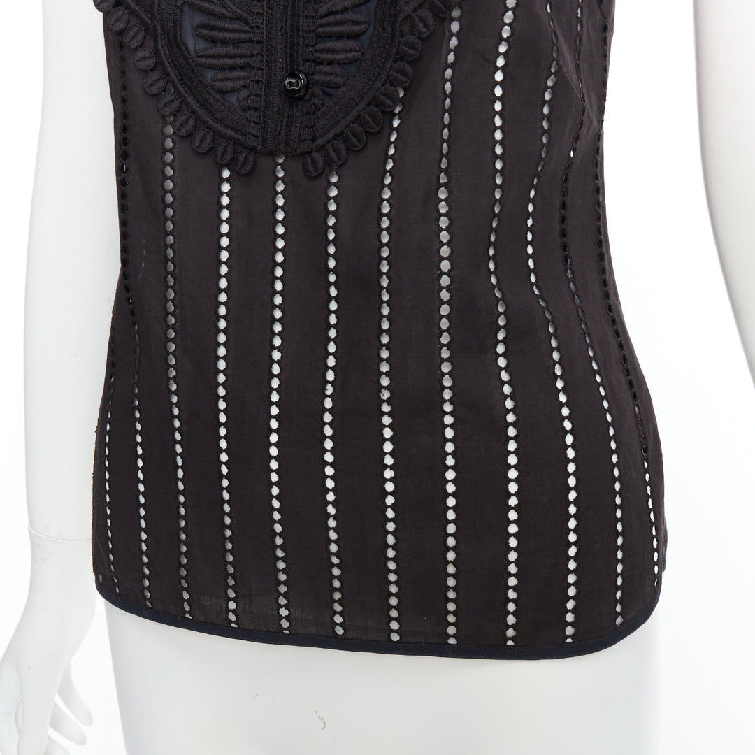 ANDREW GN black eyelet lace lattice geometric buttons sleeveless top FR38 M