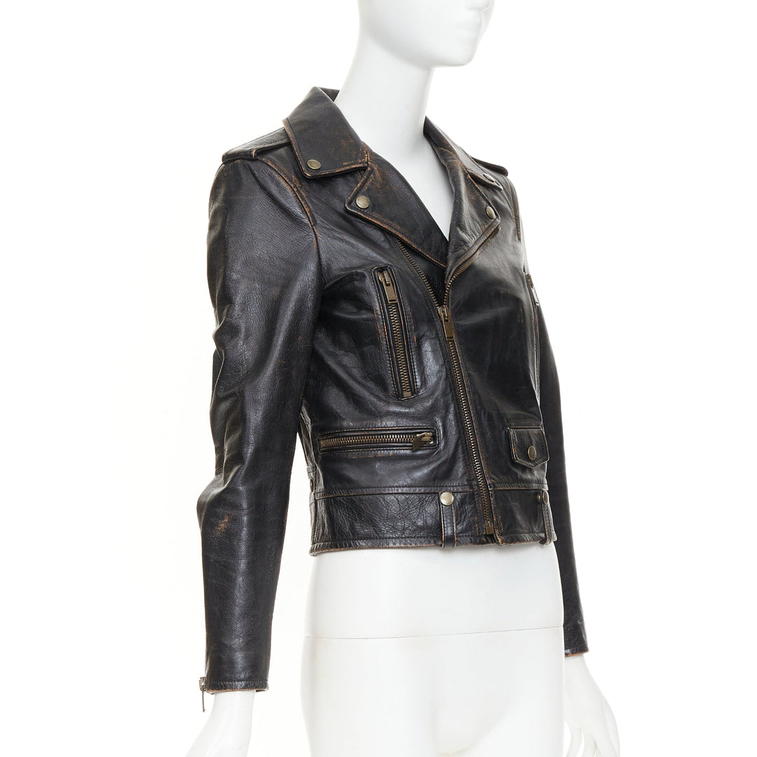 SAINT LAURENT 2017 Thunder Studded brown distressed calfskin moto jacket FR38 M