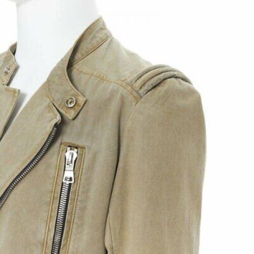 BALMAIN beige khaki washed gridwork cotton asymmetric zip biker jacket L