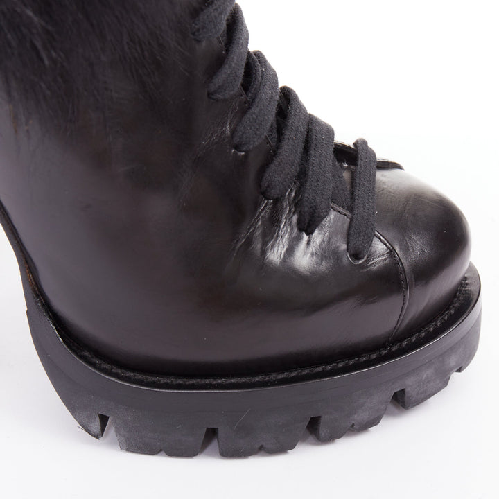 PRADA 2011 Calzature Donna black leather fur trim half wedged ankle boots EU