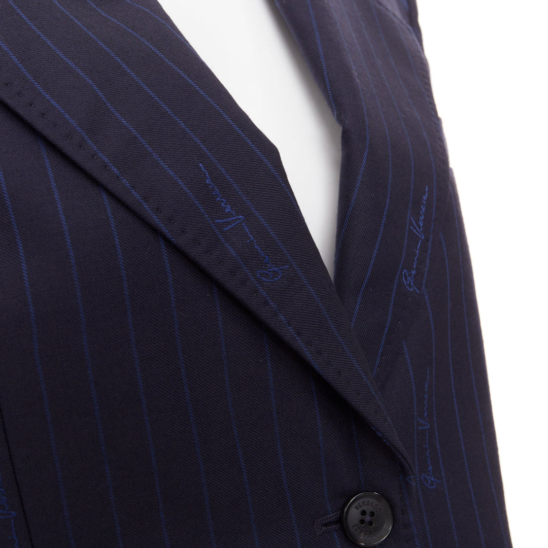 VERSACE navy virgin wool cotton GV Signature pinstripe blazer jacket IT40 S
