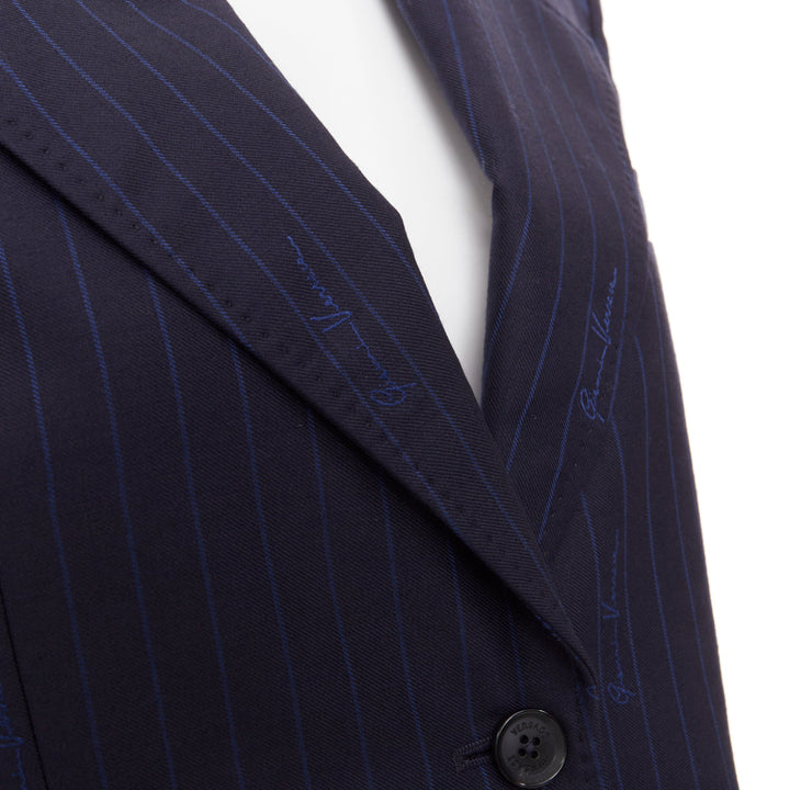 VERSACE navy virgin wool cotton GV Signature pinstripe blazer jacket IT40 S