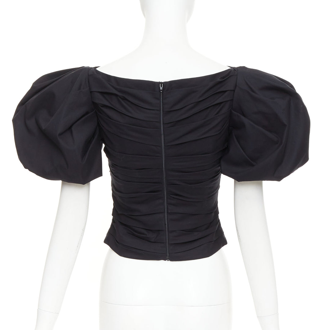 KHAITE Kai black cotton poplin puff sleeve pleated front bateau crop top US0 XS
