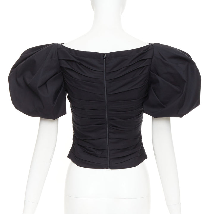 KHAITE Kai black cotton poplin puff sleeve pleated front bateau crop top US0 XS