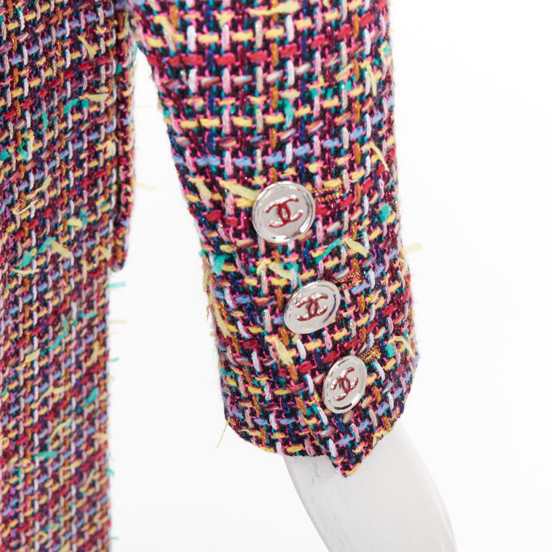 CHANEL 23A Runway multicolor wool blend tweed flap pockets long coat FR36 S