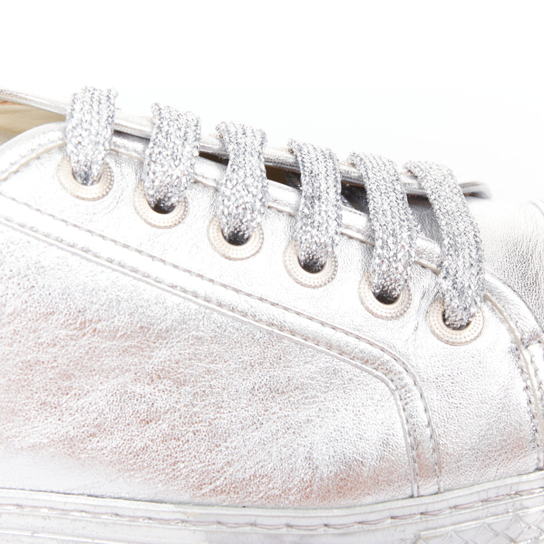 CHANEL 2017 metallic silver leather glitter lace up low top sneakers EU38.5