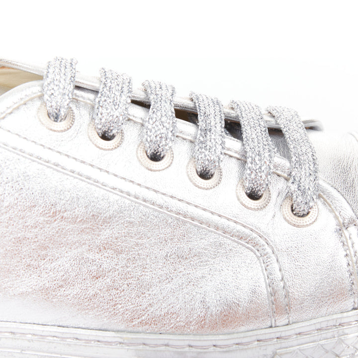 CHANEL 2017 metallic silver leather glitter lace up low top sneakers EU38.5