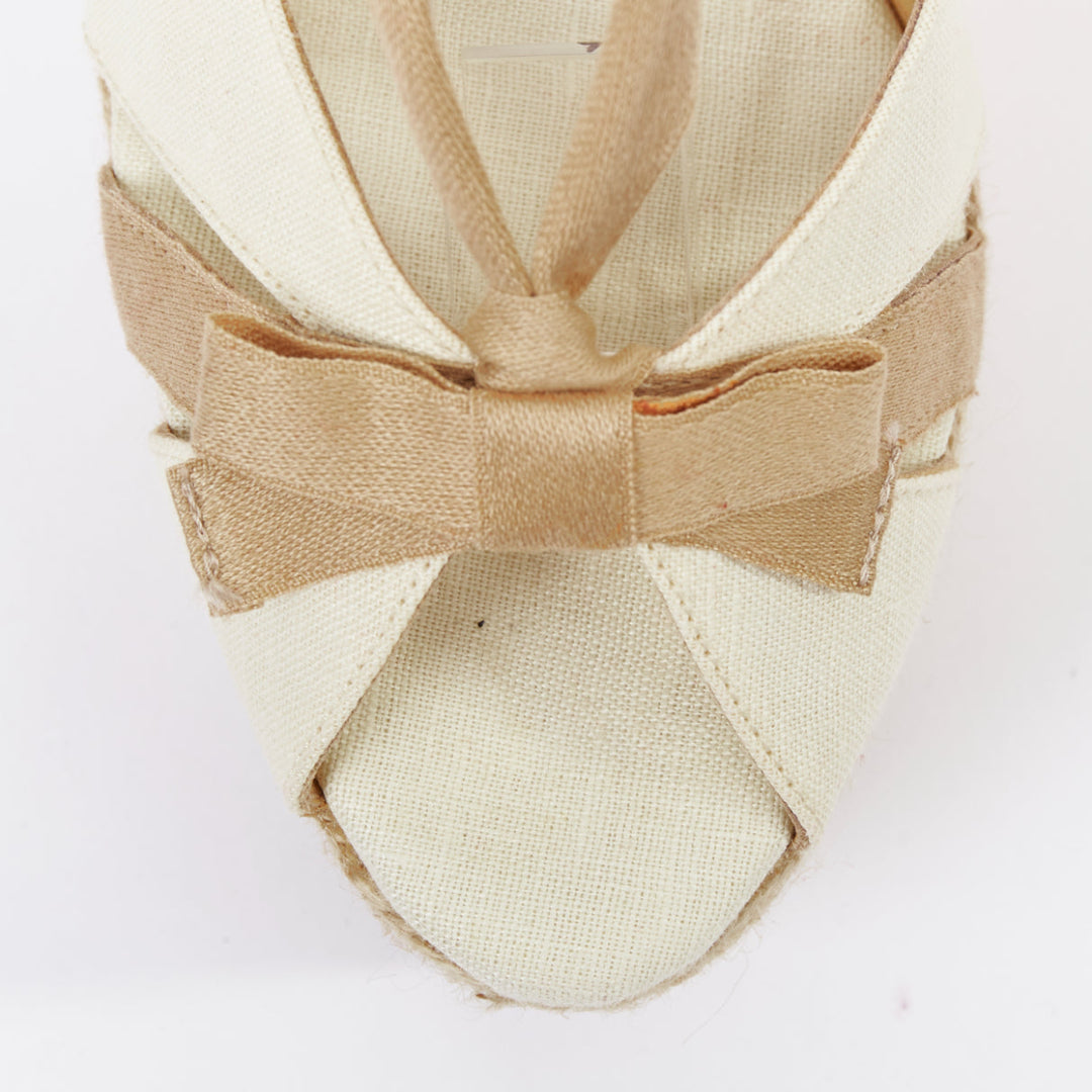 CHRISTIAN LOUBOUTIN Isabelle cream beige canvas jute bow tie wedges EU36