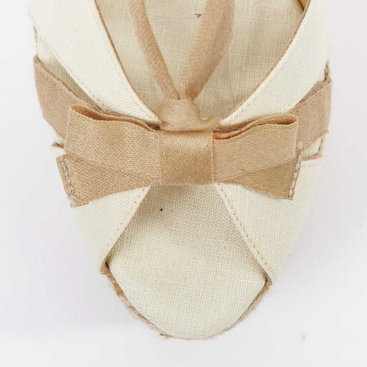 CHRISTIAN LOUBOUTIN Isabelle cream beige canvas jute bow tie wedges EU36
